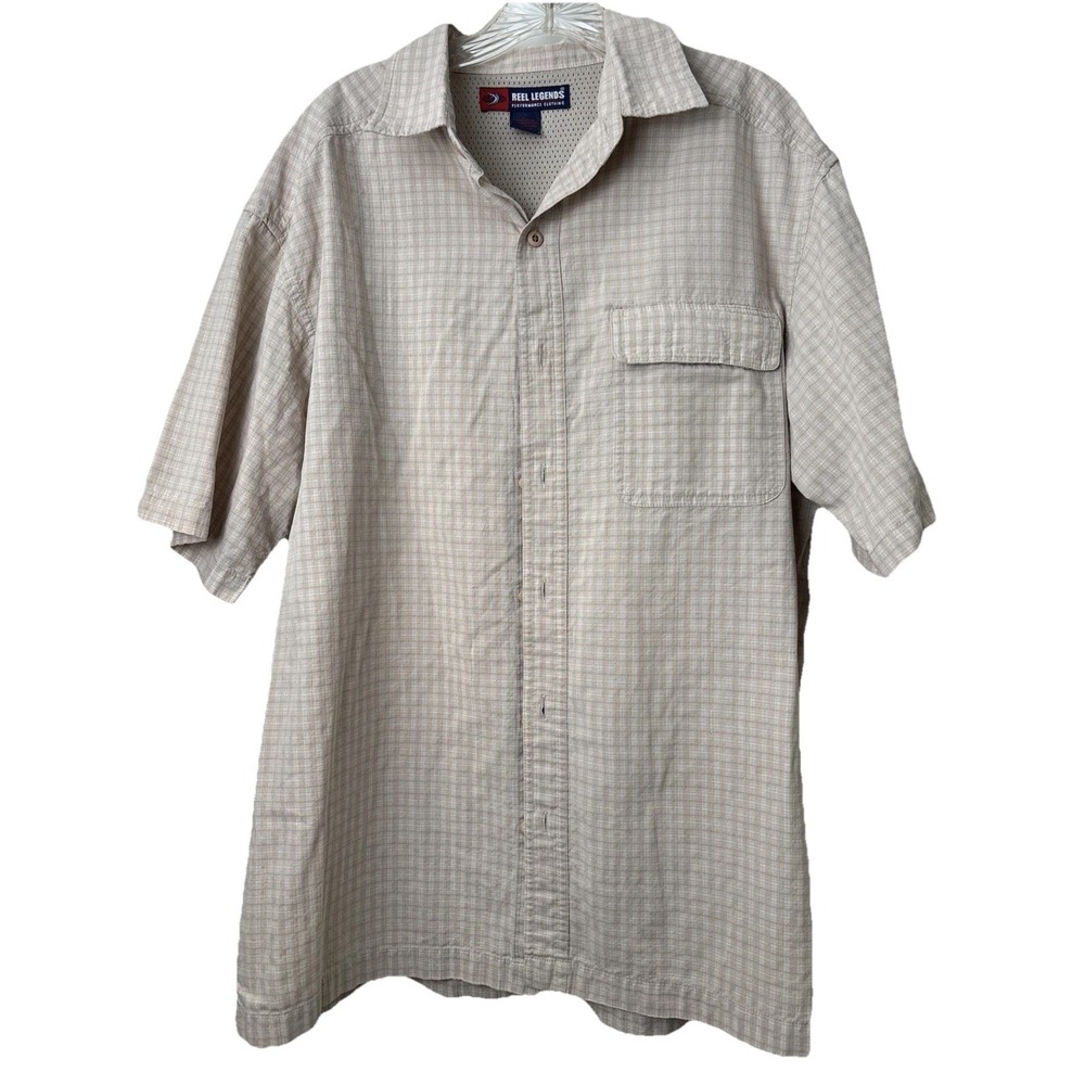 Reel Legends Beige Checked Fishing  Shirt Men's L Cotton Vented  1 Pocket READ
